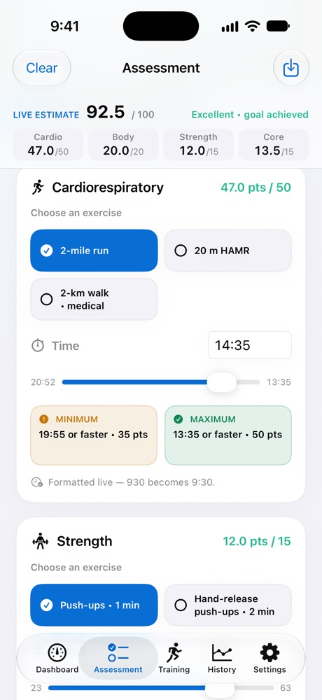 Assessment screen scoring a 2-mile run time live, with the minimum and maximum times for full points